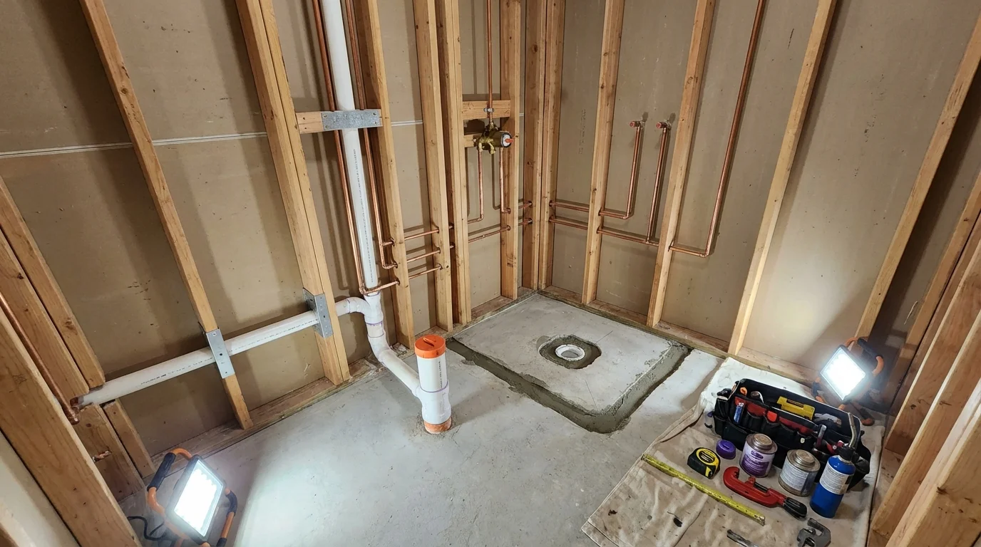 Bathroom rough-in plumbing during remodel by Johns Plumbing LLC in Crowell