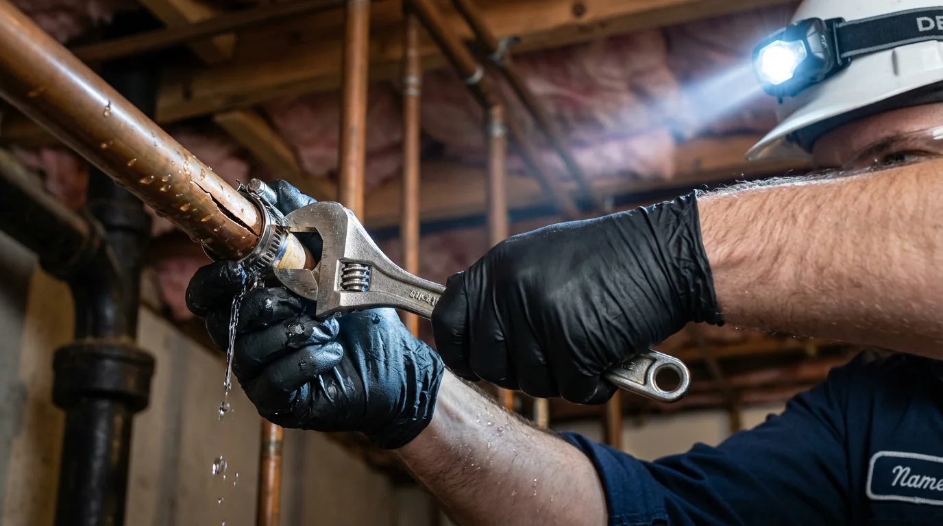 Emergency pipe clamp repair being performed by a Johns Plumbing LLC plumber in Crowell