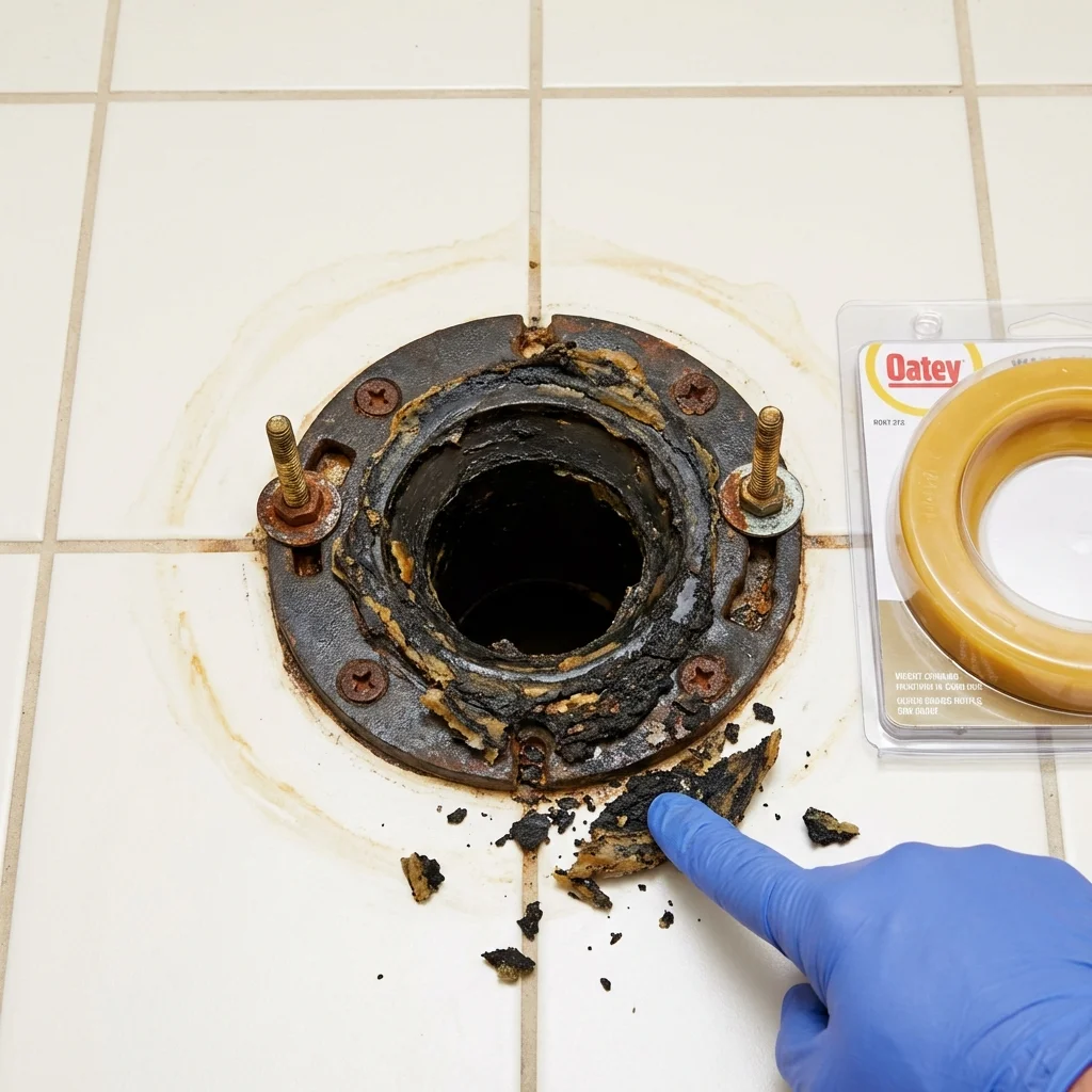 Failed wax ring showing water seepage at the base of a toilet in a Crowell, TX home