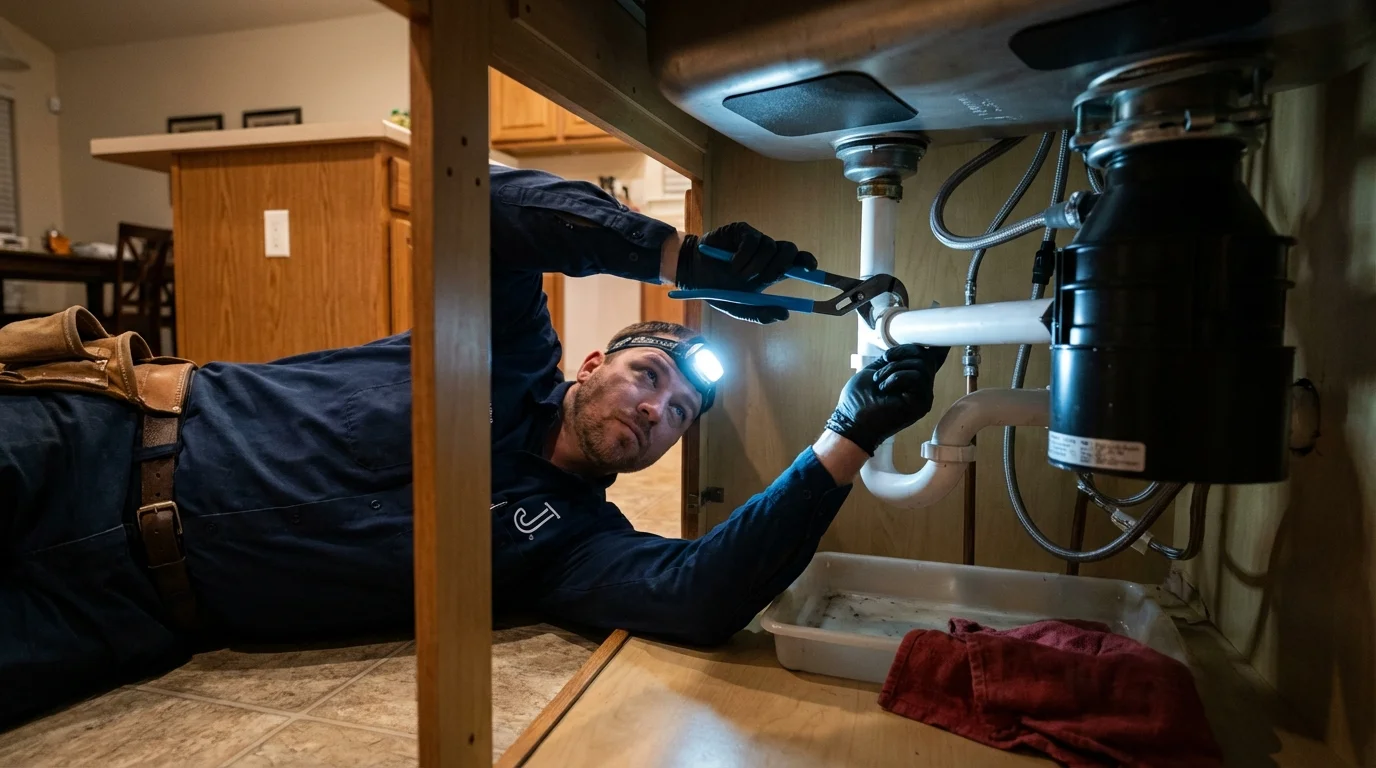 P-trap and supply line connections under a kitchen sink showing a common leak point in Crowell, TX